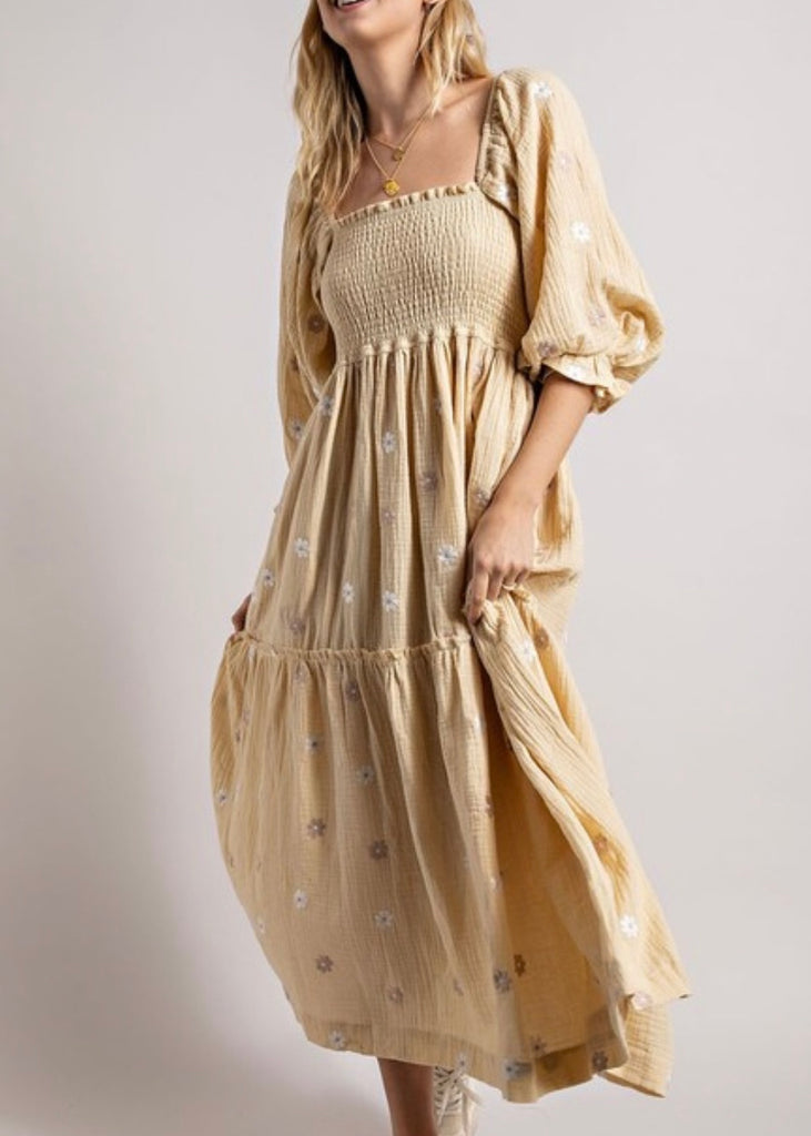 floral embroidered smocked maxi dress  tre' sorelle