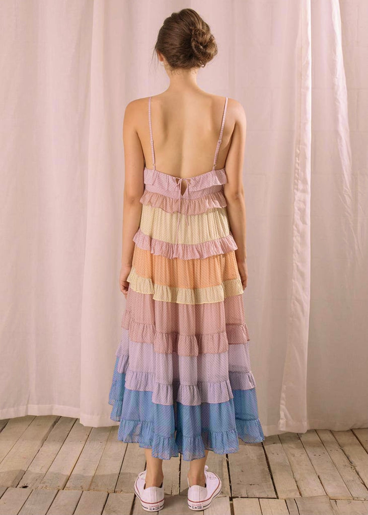 【どんぐり太郎】glossy multi ruffle dress tiered pastel rainbow ruffle dress (multi) – tre' sorelle
