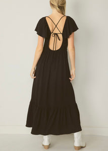 tiered black crochet maxi dress