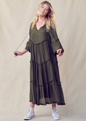 tiered olive maxi with tassels