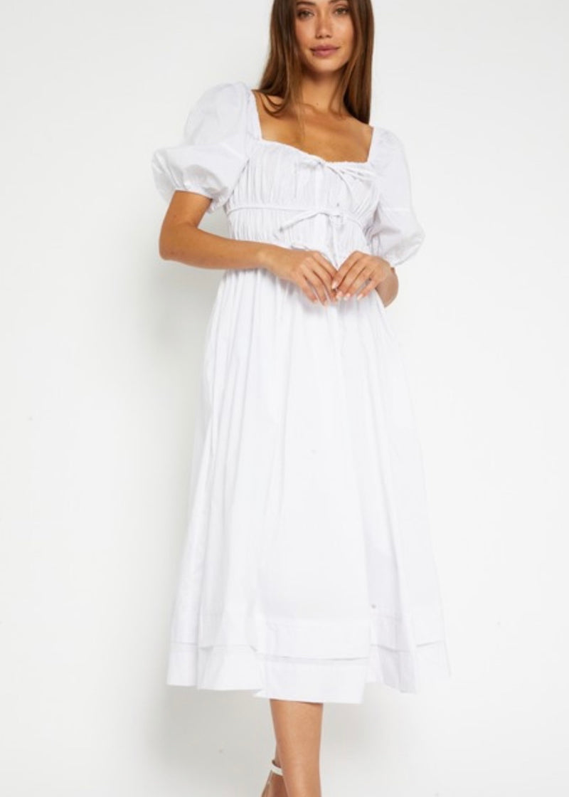 white puff sleeve midi dress Chablis Gathered Bust worthy skater silhouette features cute box pleats as it falls to a chic midi hem Puff-Sleeve Midi Dress - White