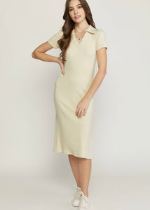 ribbed collared midi dress (beige) – tre' sorelle