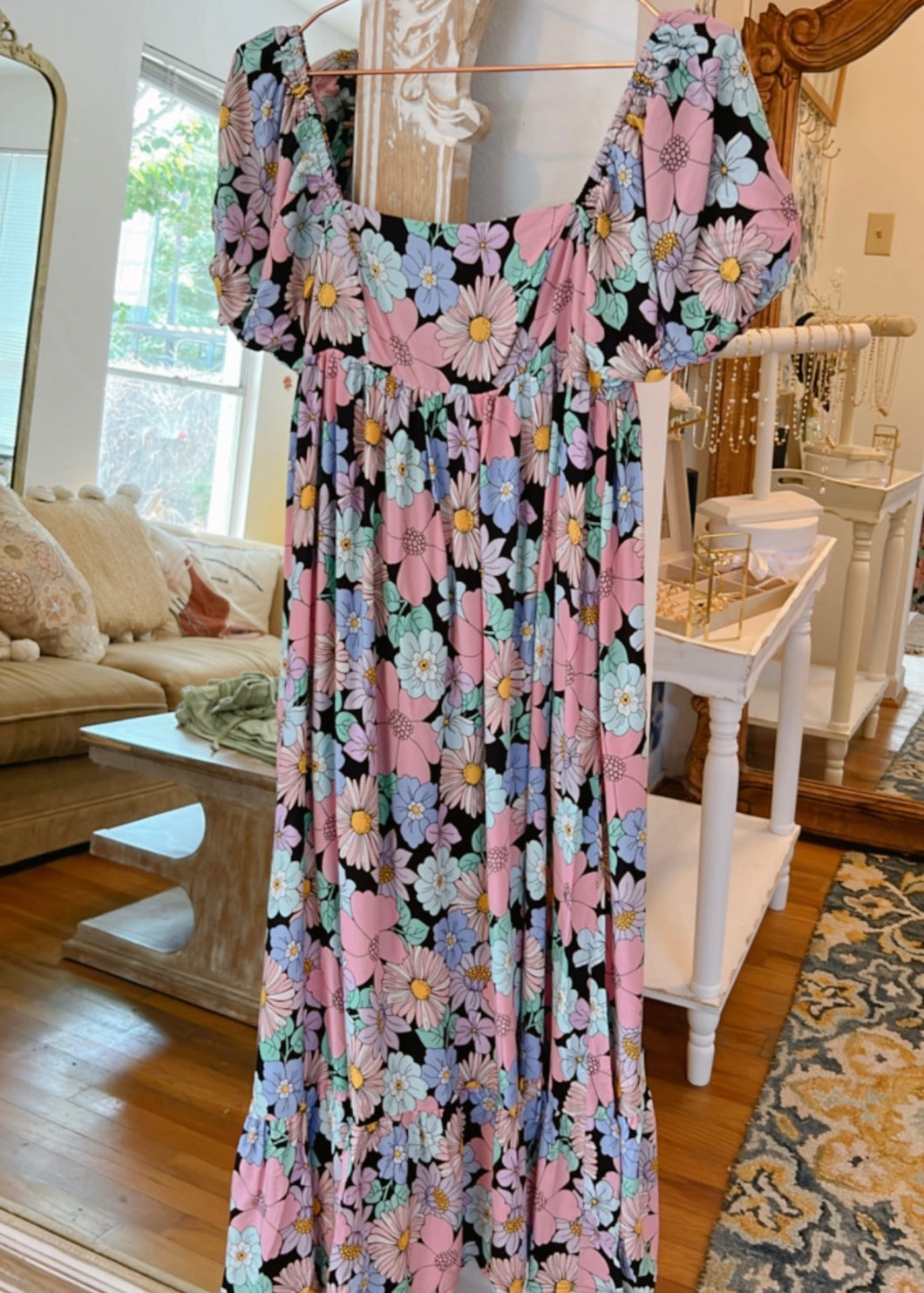 floral puff sleeve maxi dress (pink/blue/multi)