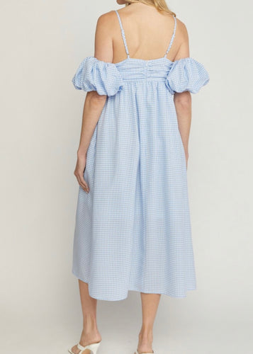 puff sleeve gingham midi (pastel blue)