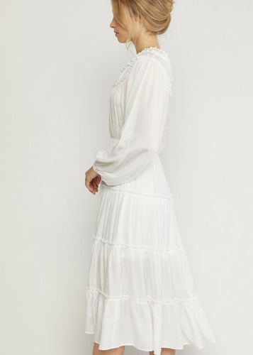 tiered white midi dress