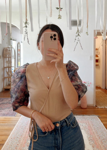 puff sleeve crossover top (beige/olive)