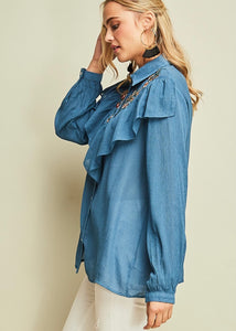 embroidered buttoned top (blue) *last one* L