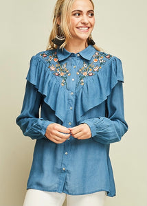 embroidered buttoned top (blue) *last one* L